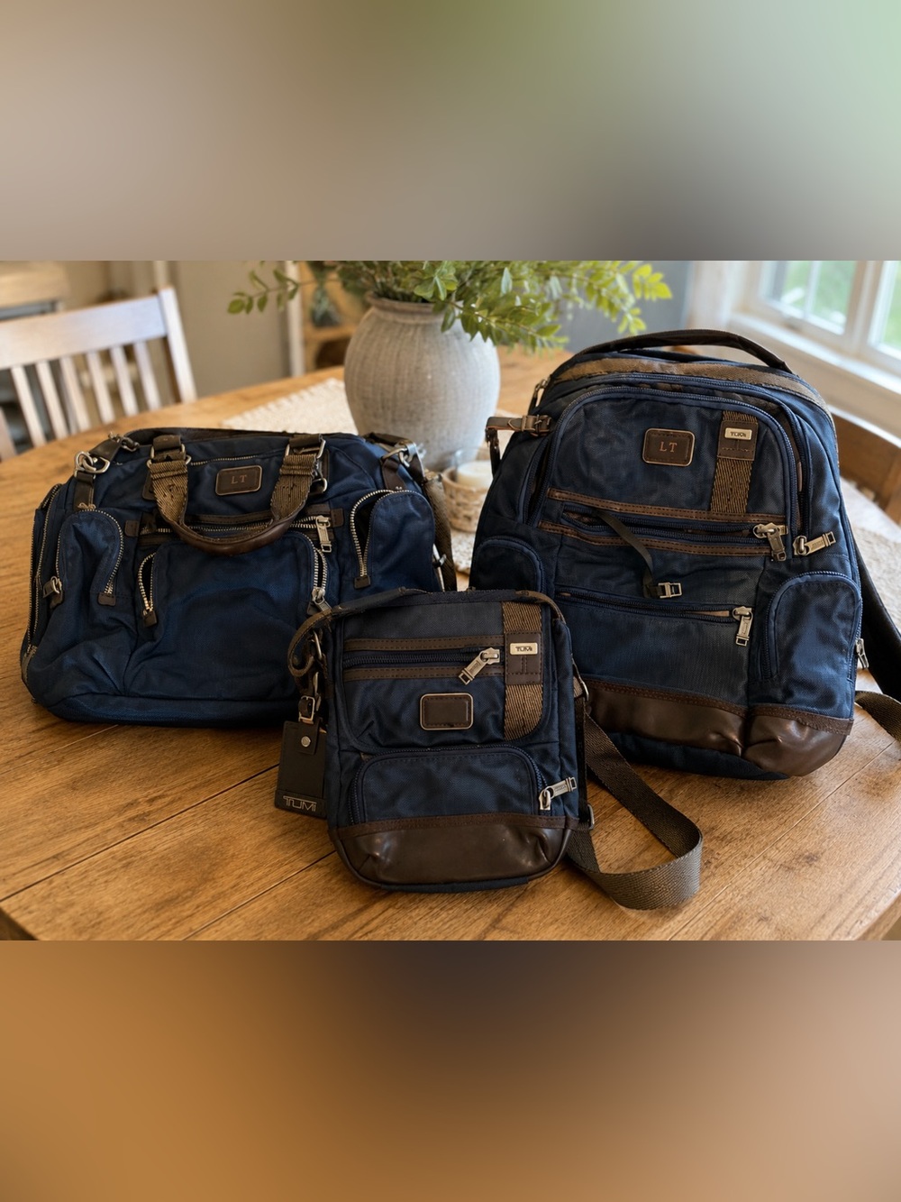 Tumi Blue Nylon set bag, backpack, and briefcase